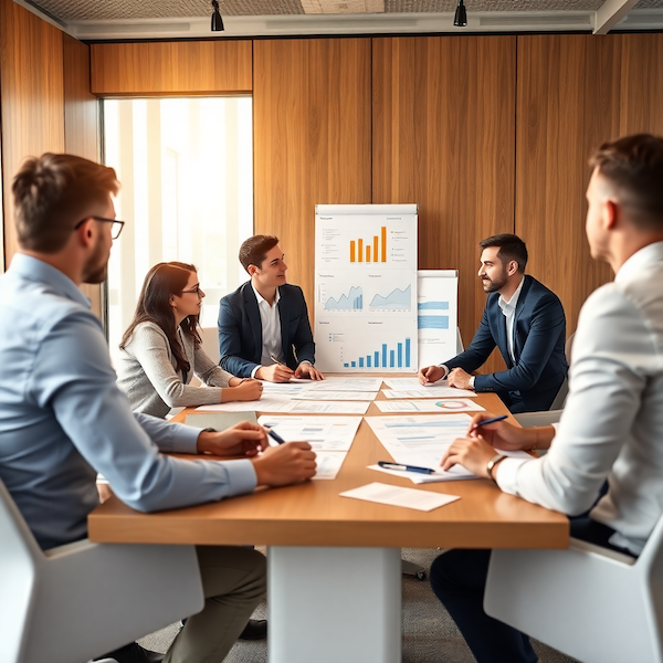 Business strategy meeting in a modern conference room