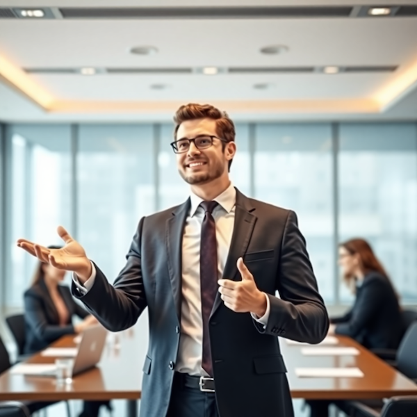 Confident professional presenting to executives