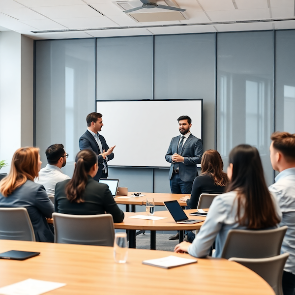 Corporate training workshop with a facilitator and team