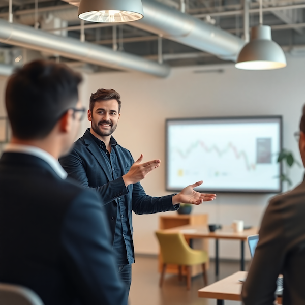 Entrepreneur presenting to investors in a modern workspace