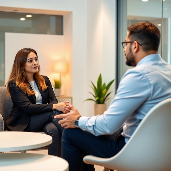 Professional coaching session with two people in conversation