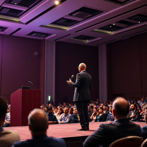 Speaker delivering keynote presentation